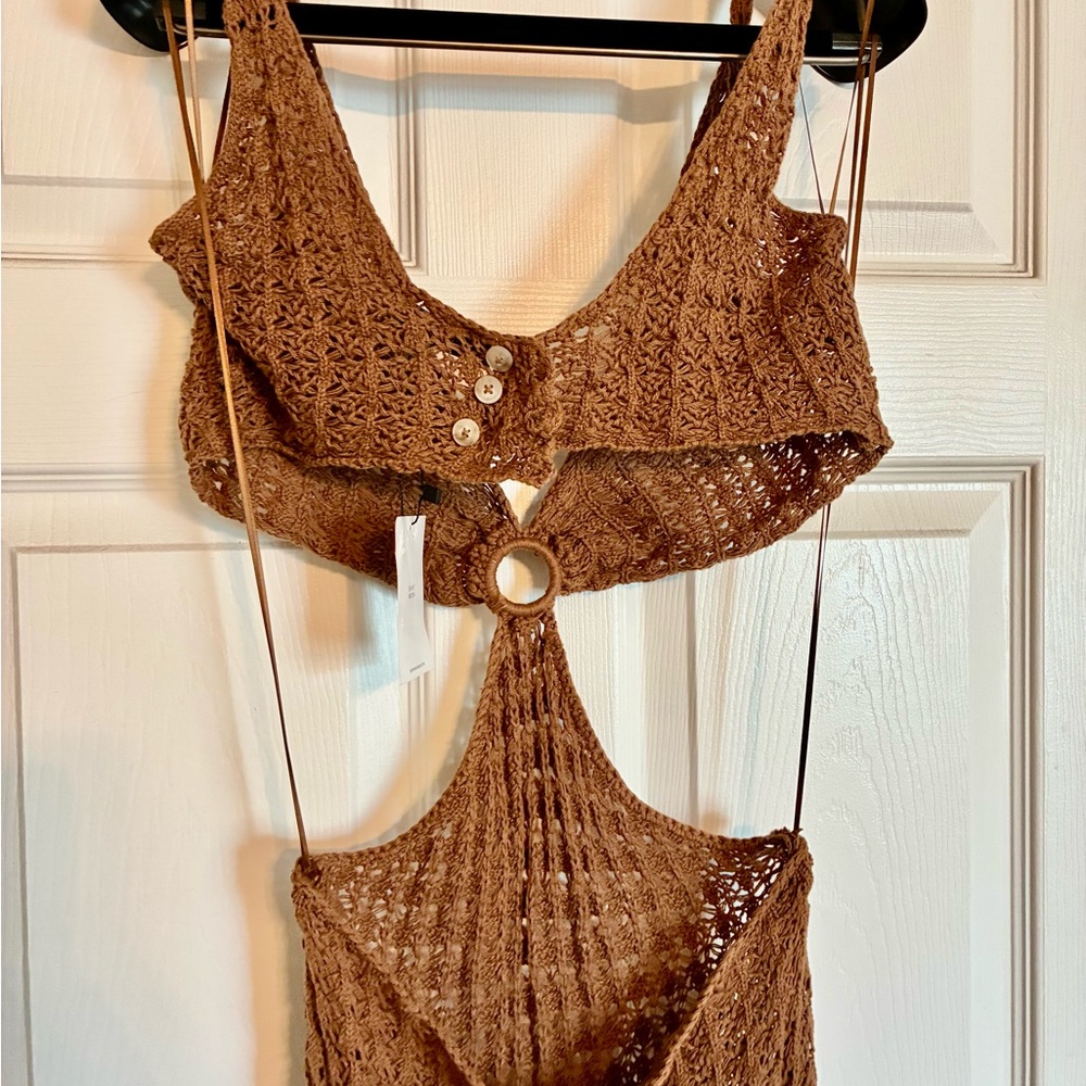Elegant Brown Backless Crochet Dress
